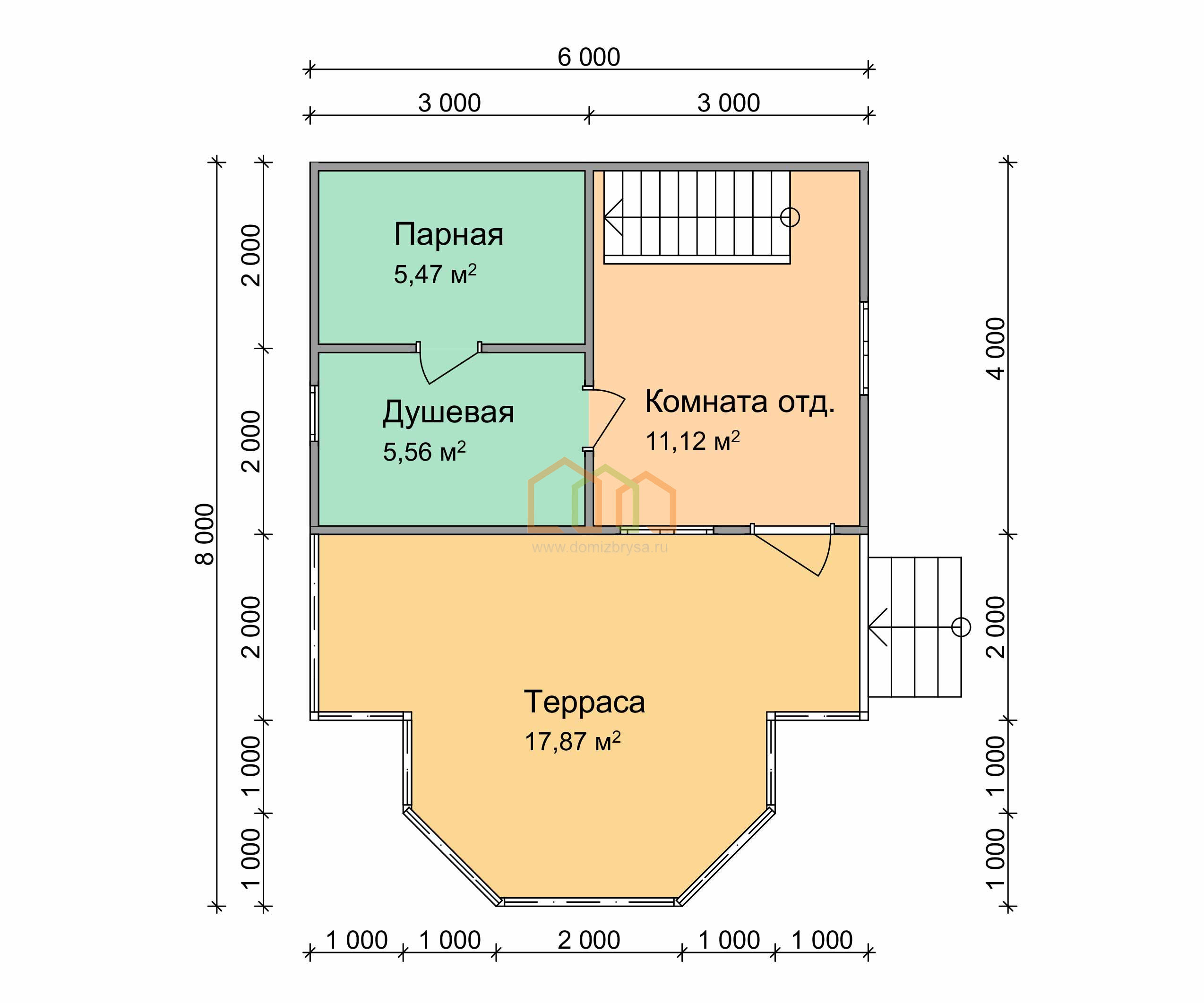 Баня из бруса с мансардой Меркурий - 3 6x8 Площадь: 70 м² с террасой под  ключ в Вязьме